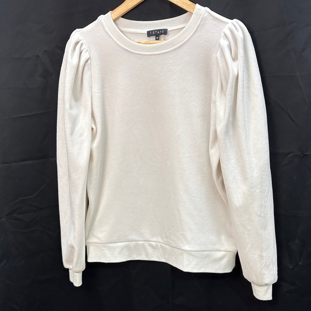 1.STATE Women's Cream Stretch Velvet Velour Puff Sleeve Sweatshirt, size medium